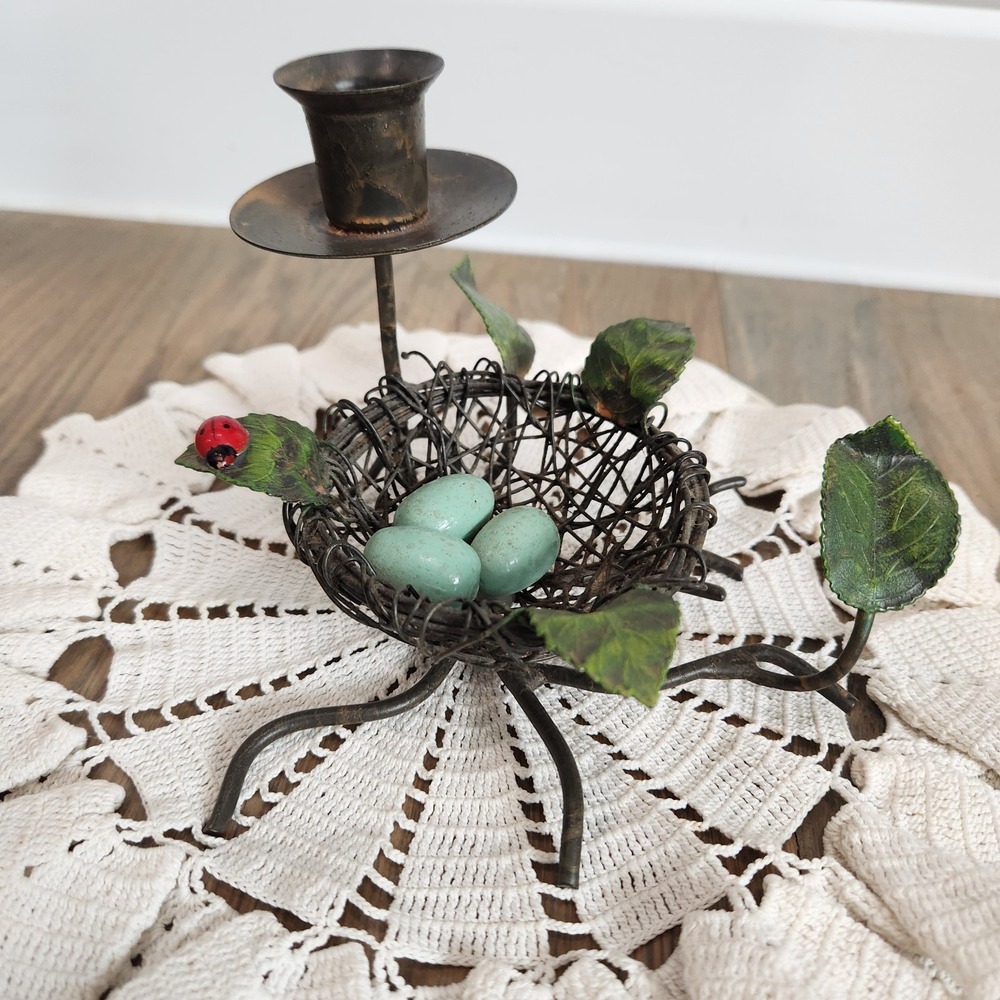 Vintage Petite Choses Birds Nest Blue Eggs Ladybug Candle Holders Pewter‎ Brass